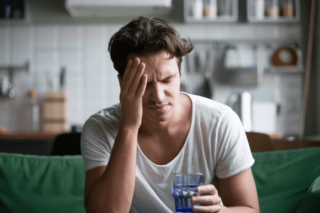 a man sits at a kitchen table with his hand on his head to represent opiate withdrawal symptoms. 